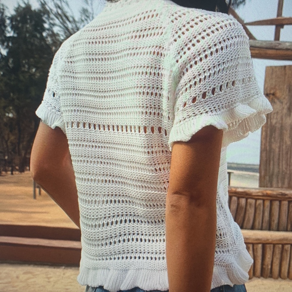 Crochet Shell Accent Open-Knit Short Sleeve Top - White & Light Blue - Picture 4 of 4